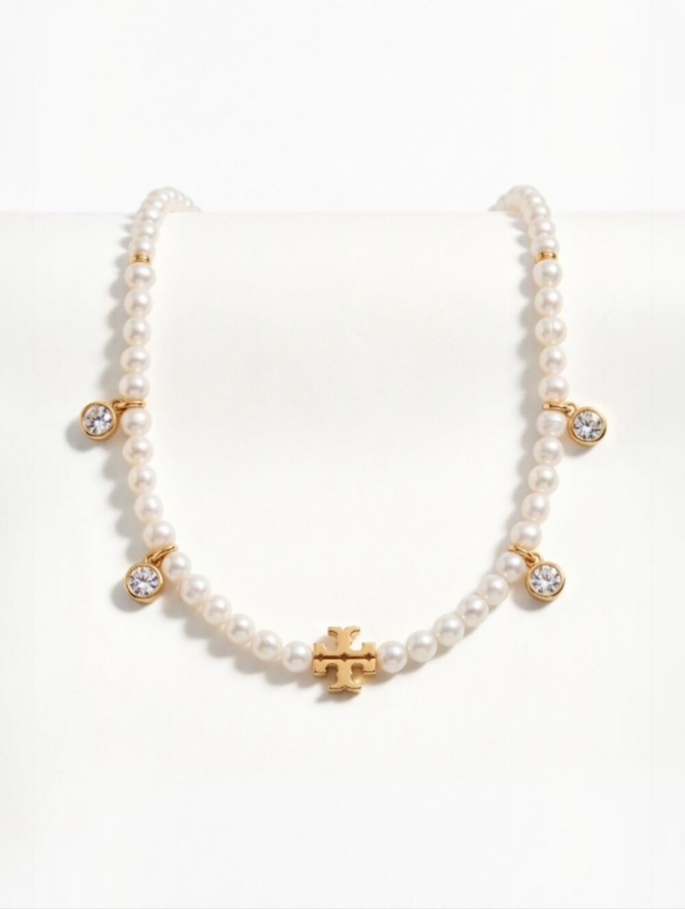 Tory Burch Pearl Necklace with Gold Logo and Crystal Charms